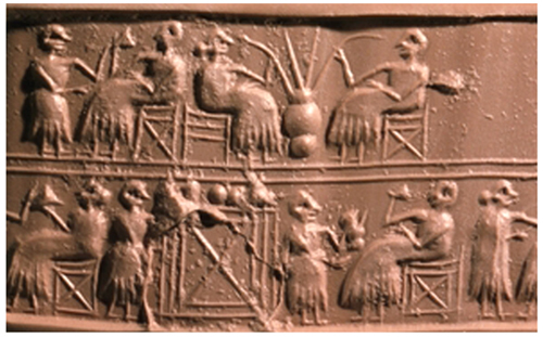 Beer drinking scene from a cylindrical seal, circa 2600 B.C.E.
