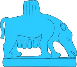 Egyptian pig amulet in blue-glaze faience. Raised area on back is probably meant to signify erect bristles, emphasizing sow’s ferocity. 600 b.c.e. Drawing HMR.